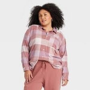 NEW Ava & Viv Plus Size Mauve/Cream Plaid Flannel Button‎ Down Shirt, Size 2X
